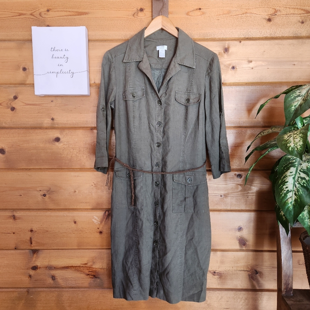 Address Maggy 100% Linen Utility Midi Button Front Shirt‎ Dress Pockets Size 12